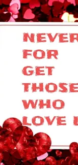 Red heart confetti wallpaper with loving message