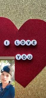 Glittery heart design with 'I Love You' text and photo.