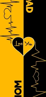 Yellow and black 'Love You' heart wallpaper for mobile screens.