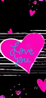 Bright pink heart 'Love You' design on black background wallpaper.