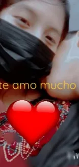 Romantic mobile wallpaper with a heart and 'te amo mucho' message.