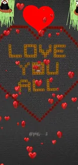 Mobile wallpaper with 'Love You All' text and red hearts design.