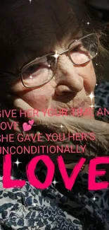 Elderly woman contemplating love message on mobile wallpaper.