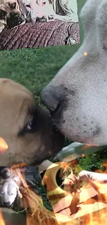 Two dogs share a touching moment in a collage with nature elements.