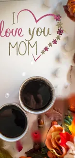 I love you Mom wallpaper with coffee cups and flowers.