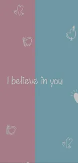 Inspirational wallpaper with pink, blue background and heart motifs.