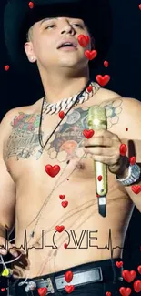 Tattooed singer with red hearts and 'LOVE' on a vibrant wallpaper.