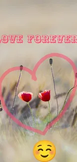 Heart-shaped frame around poppies with smiley emoticon on a beige background.