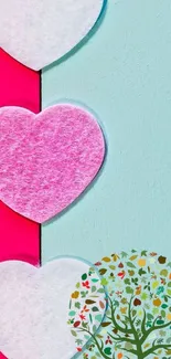 Vibrant wallpaper with pink hearts and a nature-themed tree on a teal background.