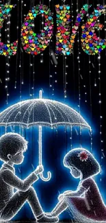 Silhouette of kids sharing an umbrella in neon lights.