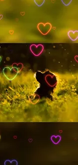 A glowing puppy silhouette with colorful hearts on a nature background.