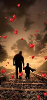 Father and child silhouette with hearts at sunset on railway.