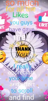 Heartfelt thank you wallpaper with emojis and flowers in vibrant colors.