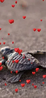 A baby turtle on a sandy beach with floating red hearts.