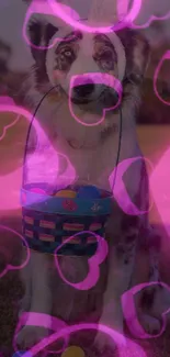 Dog with pink hearts and Easter basket.