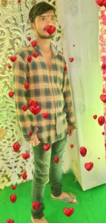 Plaid-wearing person surrounded by red hearts on vibrant background.