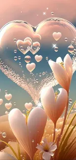 Heart-shaped bubble with flowers on soft pink background.