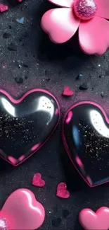 Mobile wallpaper with glossy hearts and flowers on a dark background.