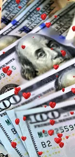 Mobile wallpaper with 100 dollar bills and floating red hearts.