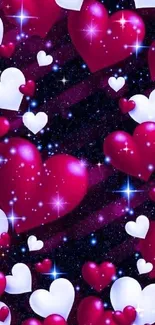 Magenta and white hearts with stars on galaxy background.