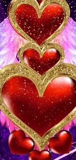 Red hearts and golden details with pink wings on a colorful background.