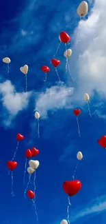 Heart-shaped balloons in a vibrant blue sky wallpaper.