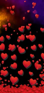 Vibrant night wallpaper with red hearts on a black background.