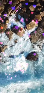 Aerial view of rocky shore with colorful hearts and waves.