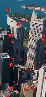 City skyline with floating red hearts above buildings.