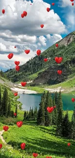 Mountain lake wallpaper with red hearts floating above lush green landscape.