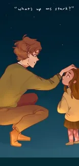 Animated scene of a gentle interaction under starlit sky.