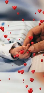 Baby's hand with floating hearts, symbolizing love.