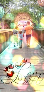 Three kids walk hand in hand on a bridge with hearts and bokeh lights.