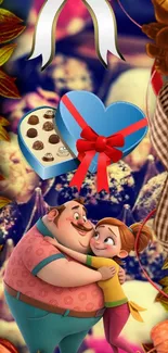 Cartoon father and daughter hugging with chocolates and bows.