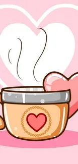 Cute coffee cup with heart design on pink background.