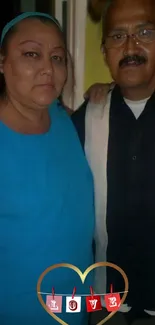 Couple posing with heart symbol showcasing love.