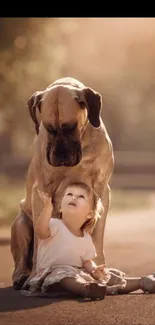 A baby and large dog share a serene, heartwarming moment on a sunlit path.