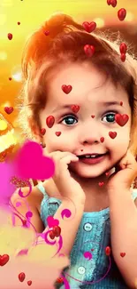 A young girl with fairy wings and heart surrounding her in a vibrant wallpaper.