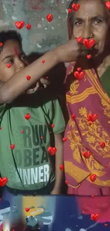 A child and elder sharing a heartwarming moment with red hearts in the background.