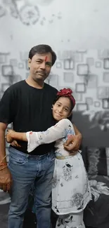 Father and daughter share a warm embrace in a cozy room.