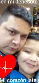 Father and son with heart symbol in background.