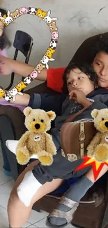 Heartwarming family moment with kids and teddy bears in a cozy setting.