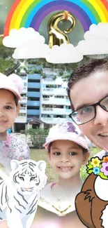 Family photo in heart frame with rainbow, owl, and tiger illustrations.