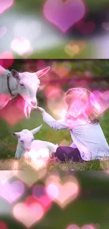 Child with goats on grass, pink heart overlay background.