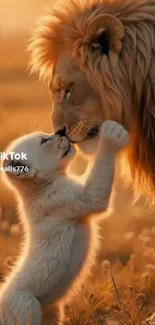 Lion and cub in golden savanna, heartwarming interaction.