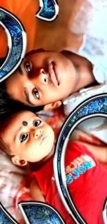 A heartwarming image of a boy and baby lying on a bed with decorative elements.