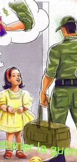 Illustration of soldier and child conveying a peaceful message.