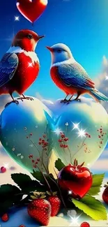 Vibrant birds on a heart with strawberries in a snowy winter scene.