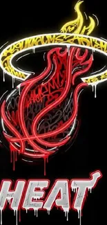 Neon graffiti of flaming basketball logo on black background.