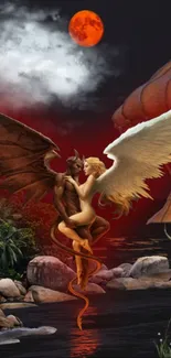 Angel and demon embrace under red moon in fantasy art scene.